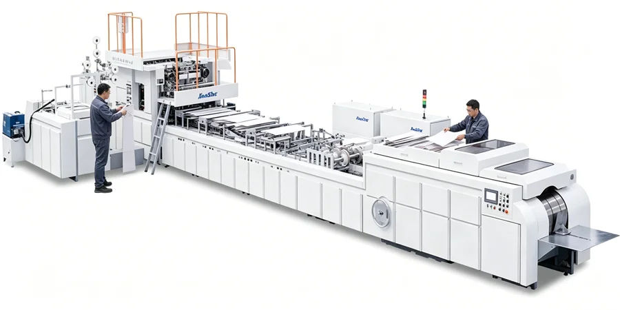 worker changing folding plates on a sheet‑fed paper converting machine