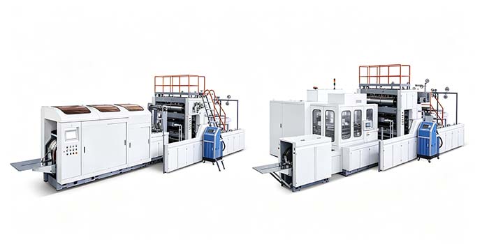 Two square-bottom paper bag machines side by side in an industrial workshop setting