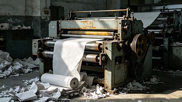 Factory floor showing a traditional mechanical bag-making machine with visible wear and scattered waste sheets