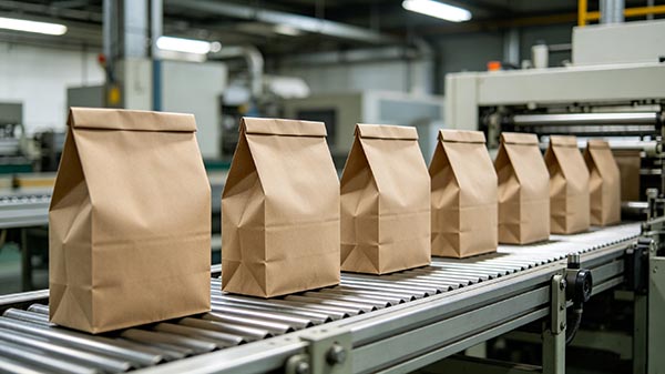 Finished square bottom paper bags lined up on output conveyor